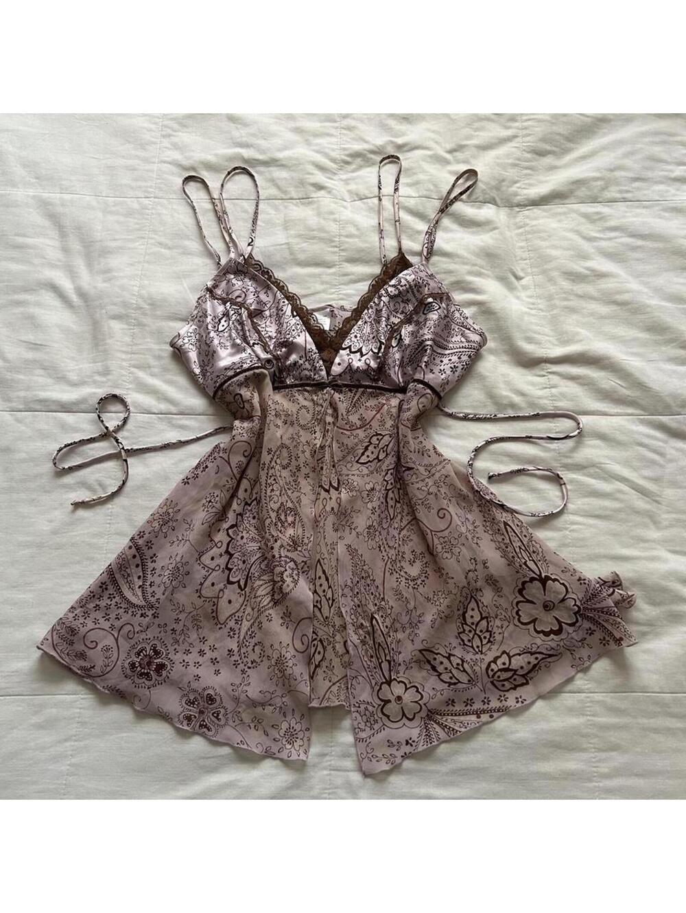 Y2K Pink Paisley Babydoll Lace Trim Sheer Cami Top Coquette Large - Picture 1 of 8